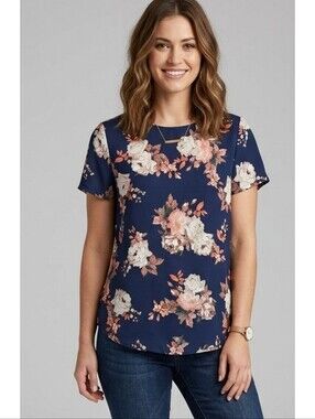 Chelsea & Theodore Navy Floral Short Sleeve Blouse Size S